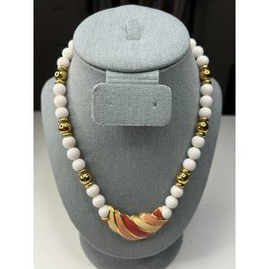 Vintage White and Gold Beaded & Pink and Cream Enamel Necklace